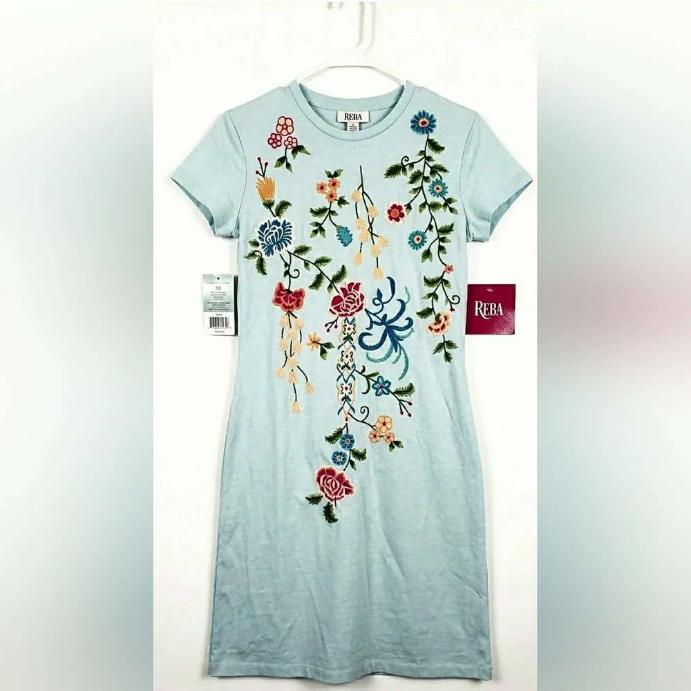 Boho Casual XS Floral Festival Embroidered Weekend Cotton Tee Shirt Dress New